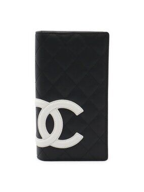 Chanel Cambon Line CC Logo Bifold Wallet Leather Soft Calf Black White Pink